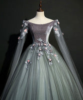 Gray Green Tulle Lace Long Prom Dress Formal Evening Gown